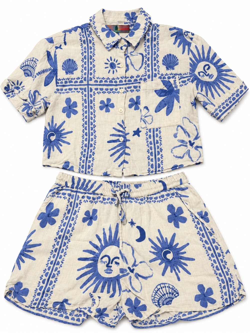 Live 4 Truth Cream Button-Down Top & Blue Sun Print Shorts Set